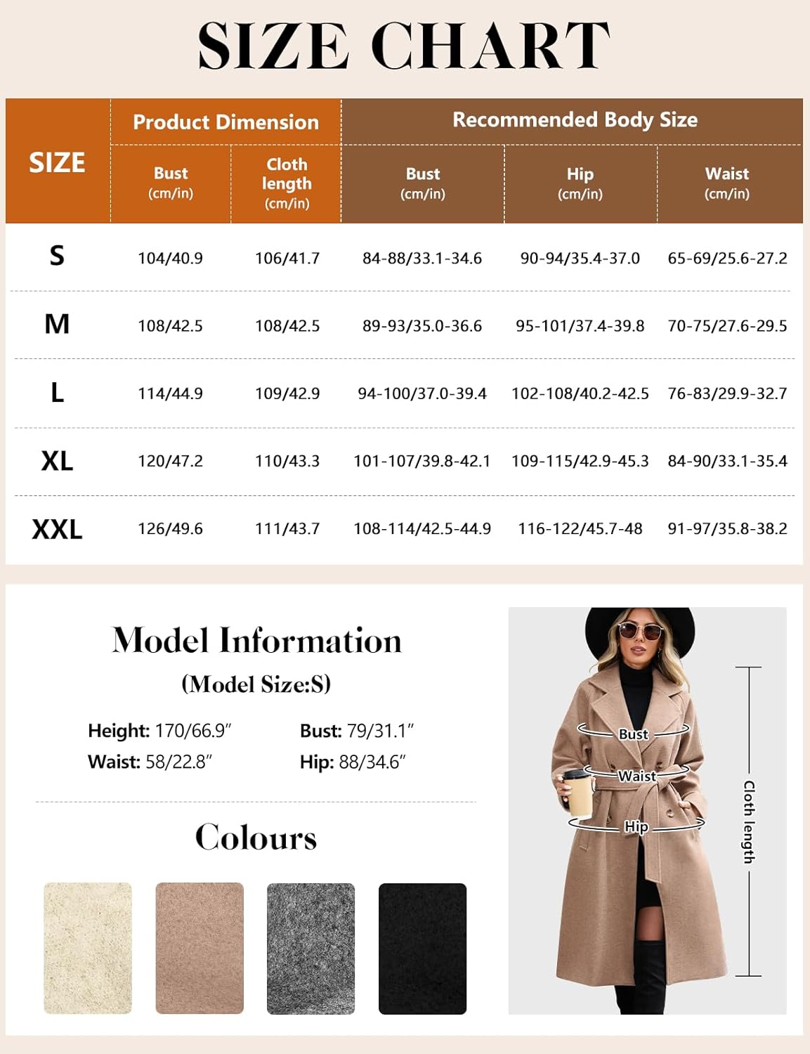 Women's Long Coats, Slim Fit Out coat with Pockets and Belt for Spring Autumn Winter.
