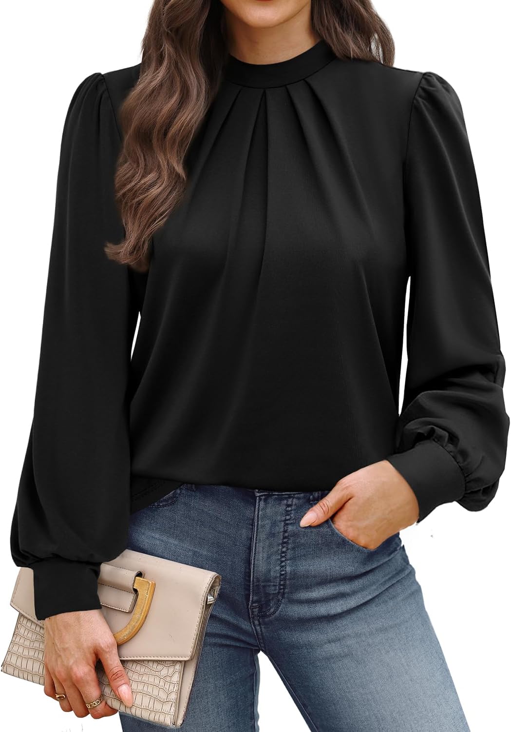 Blouses for Women Long Sleeve Tops Mock Neck Pleated Shirts Ladies Tops Business Loose Fit