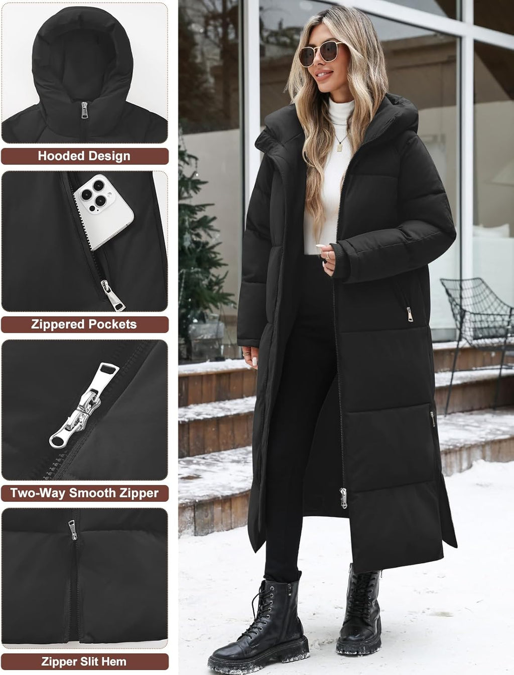 Women'S Long Coats Winter Jackets for Women Quilted Padded Coats Elegant Thermal Ladies Puffer Jackets Zipper Hooded Parka Overcoat Water Repellent Windproof Outerwear