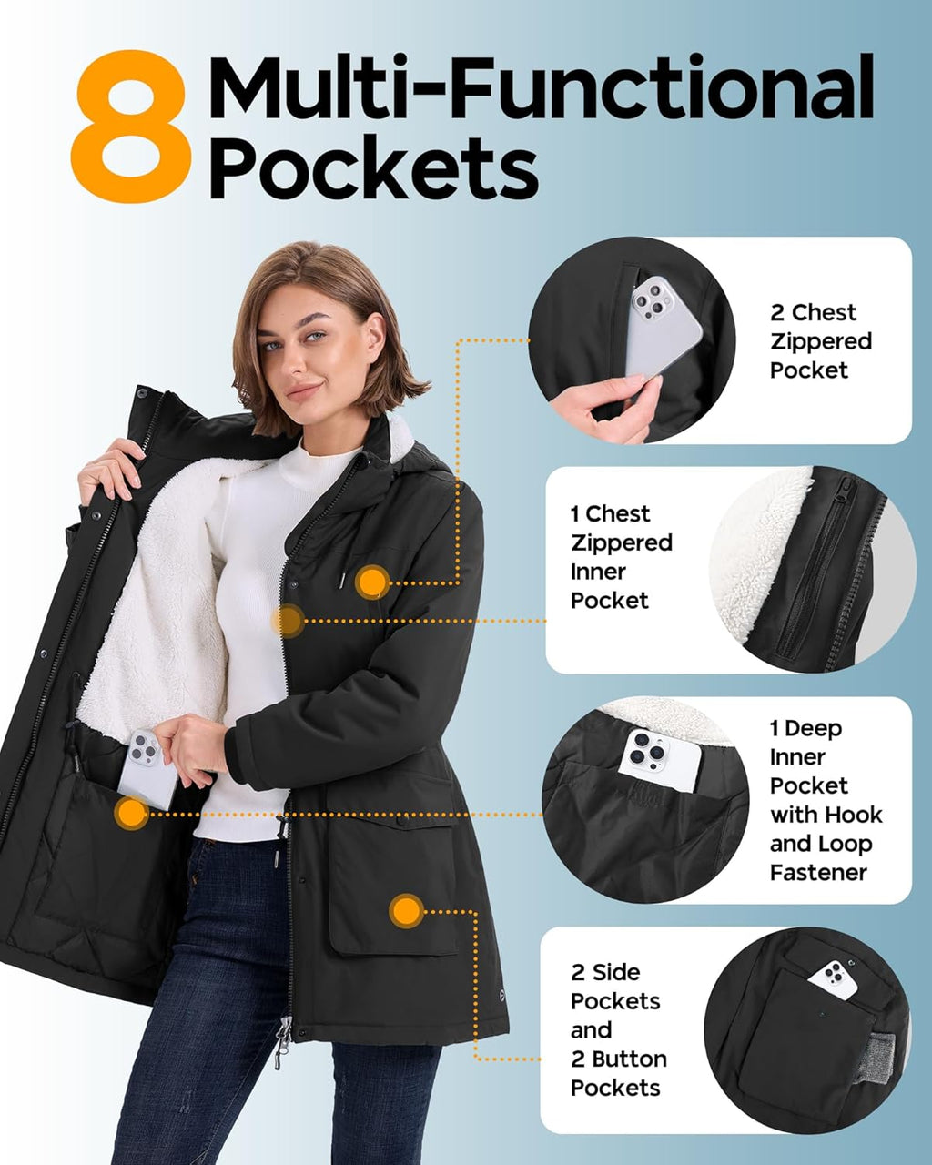 Women'S Waterproof Coat with Hood Long Winter Windproof Parka Jacket  Warm Raincoat for Hiking Traveling Walking.