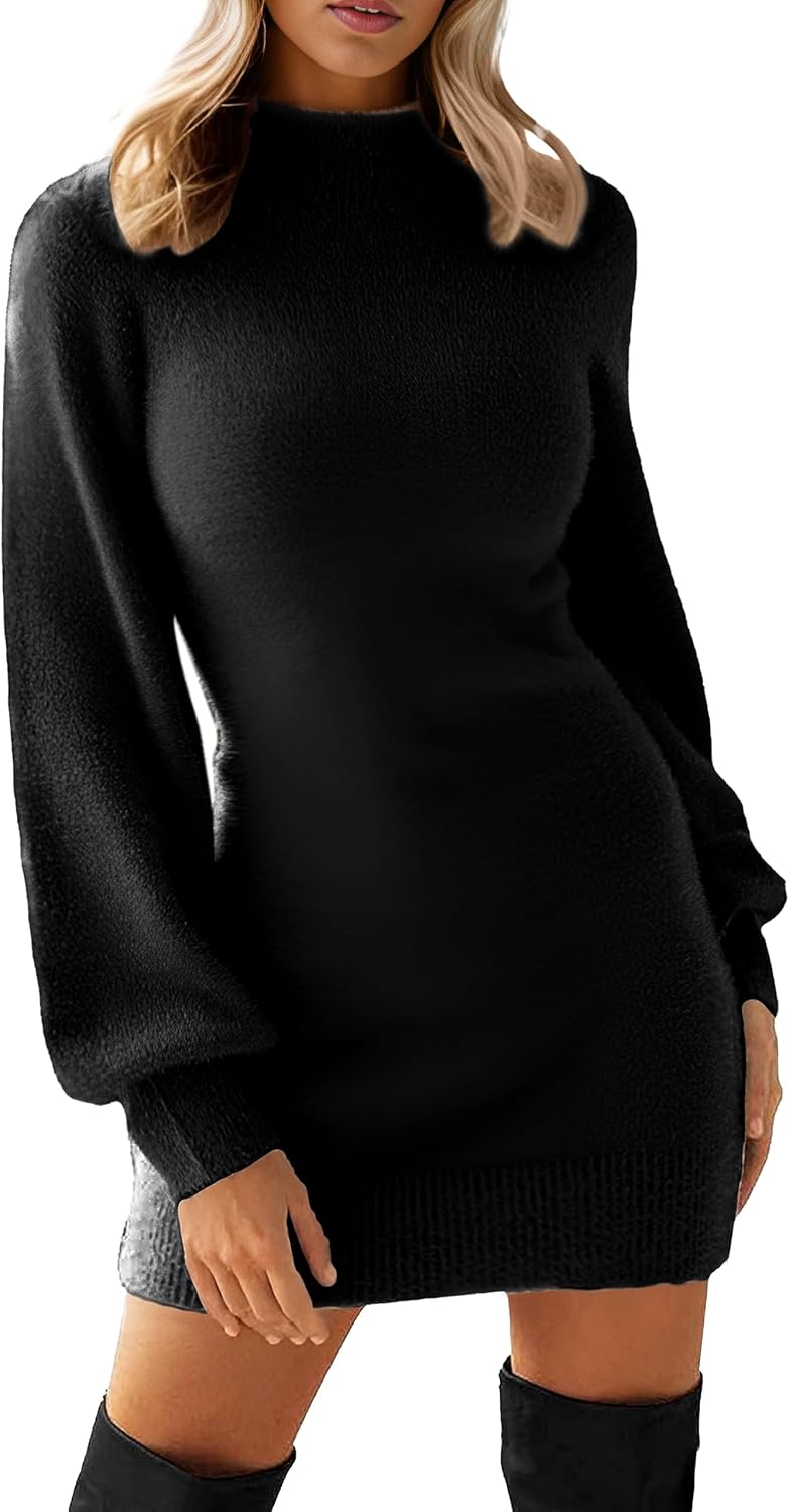 Womens Jumper Dress Winter Mock Neck Long Sleeve Bodycon Knit Pullover Jumpers.