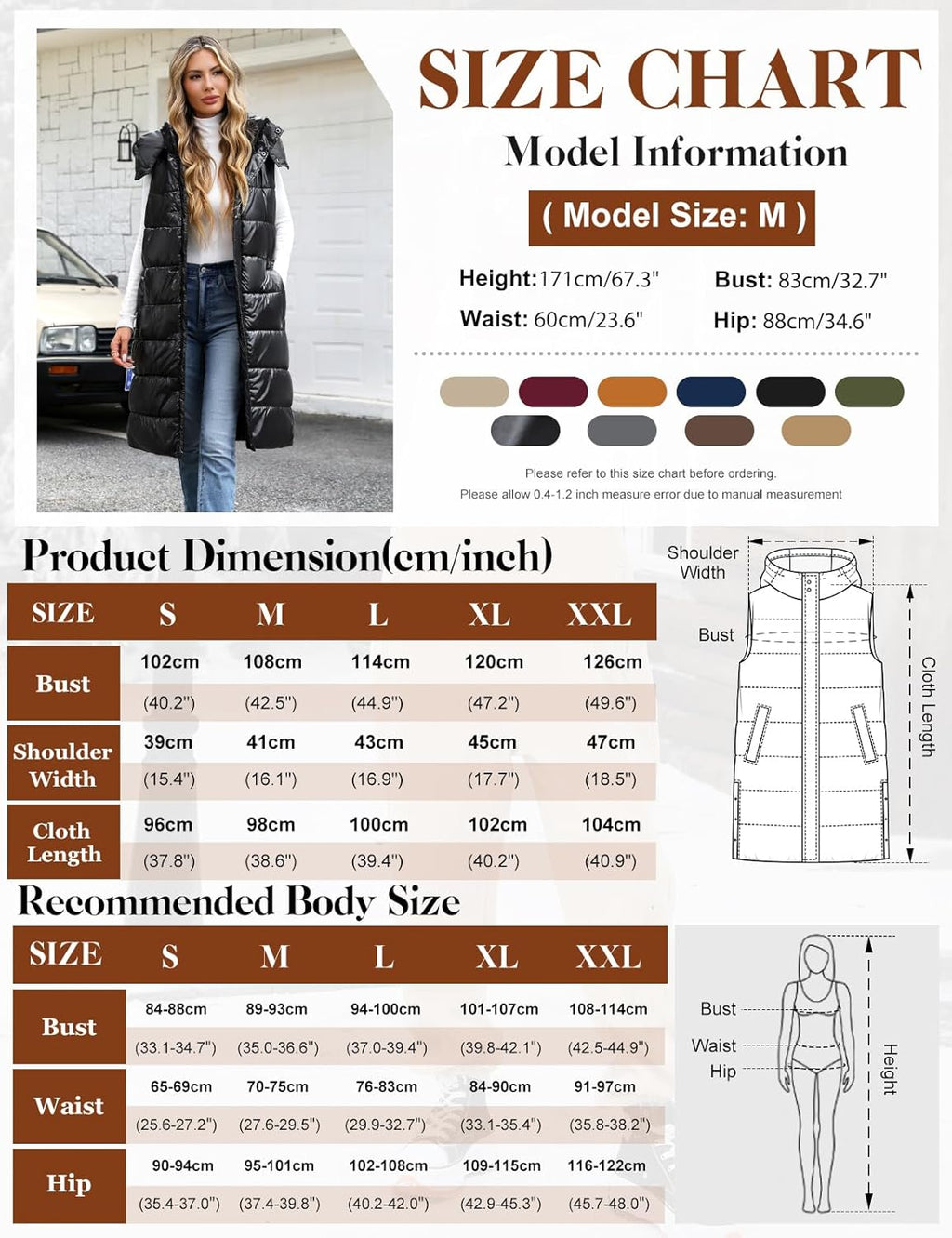 Women Quilted Gilets Longline Hooded Waistcoat Ladies Bodywarmer Winter Jacket with Pockets