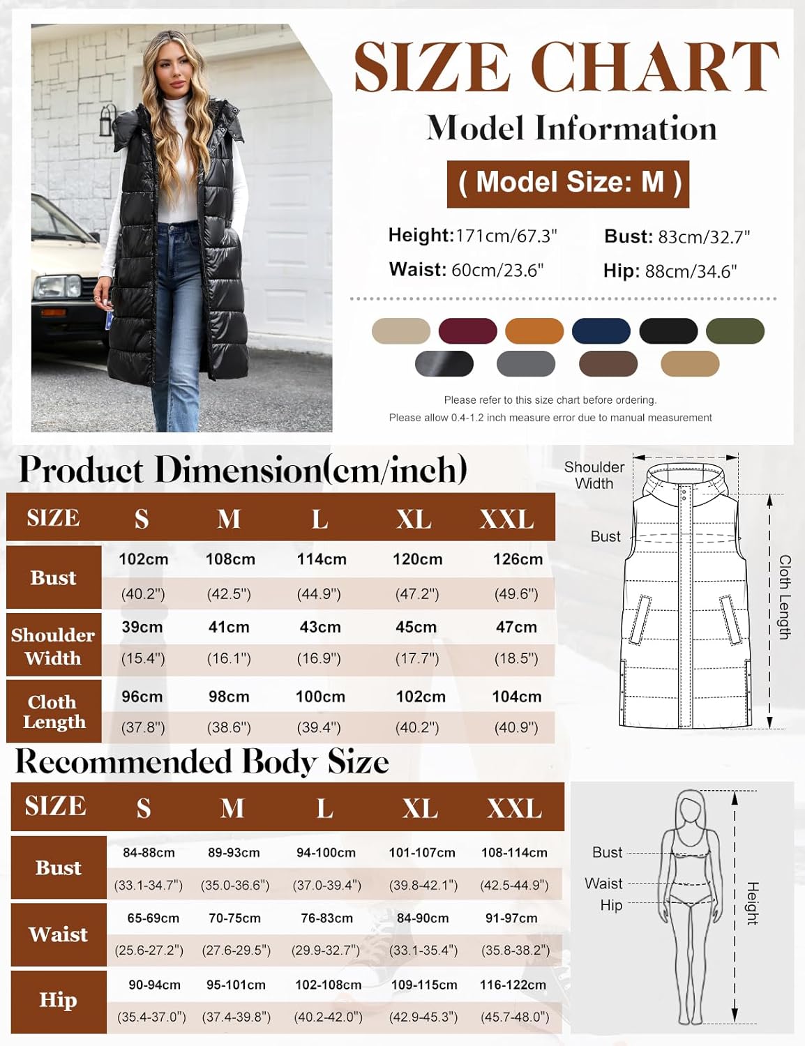 Women Quilted Gilets Longline Hooded Waistcoat Ladies Bodywarmer Winter Jacket with Pockets