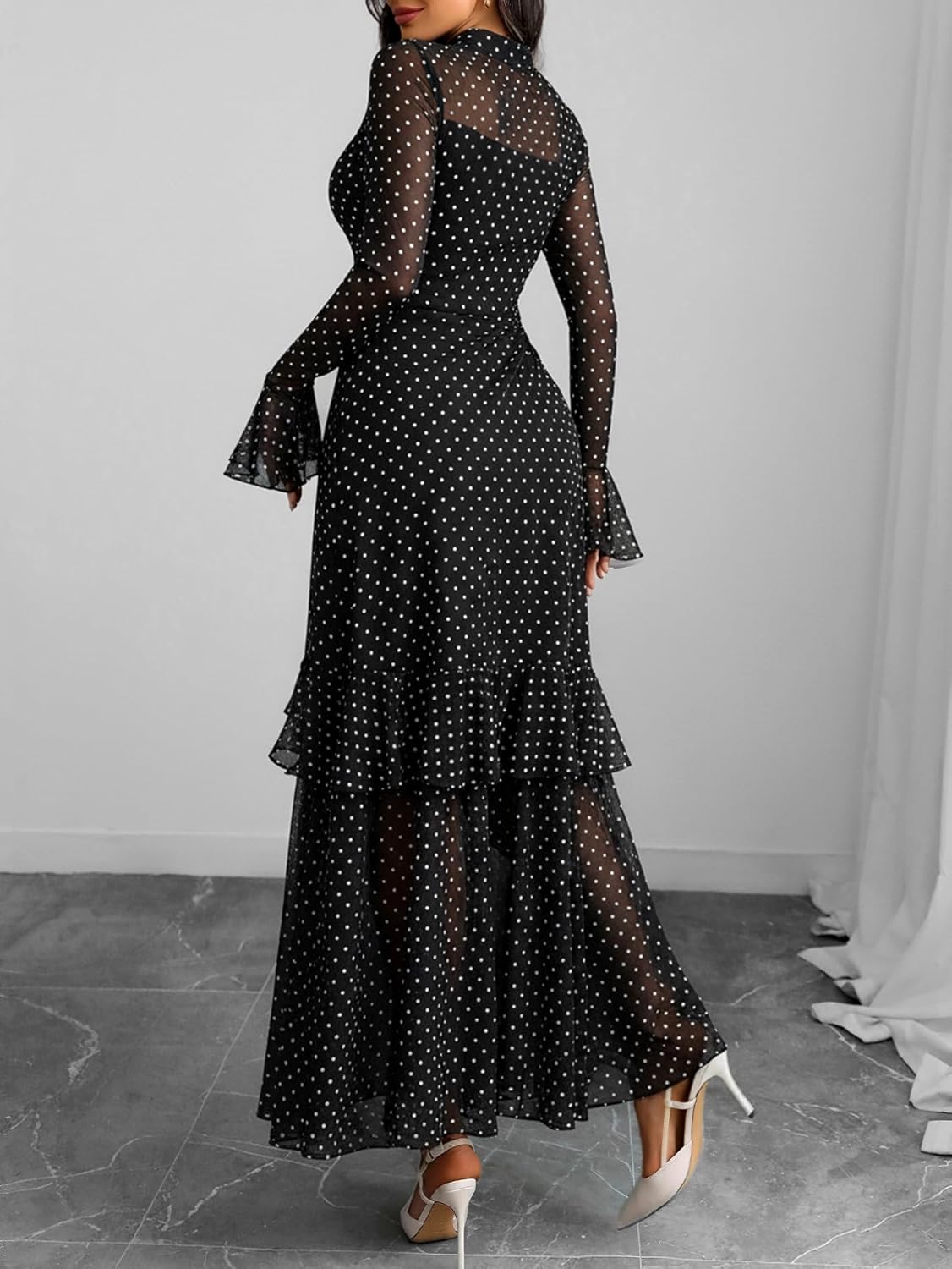 Women'S Long Sleeve Bodycon Dress Black Sheer Mesh round Neck Gothic Evening Gown Maxi Winter Wedding Guest Dresses