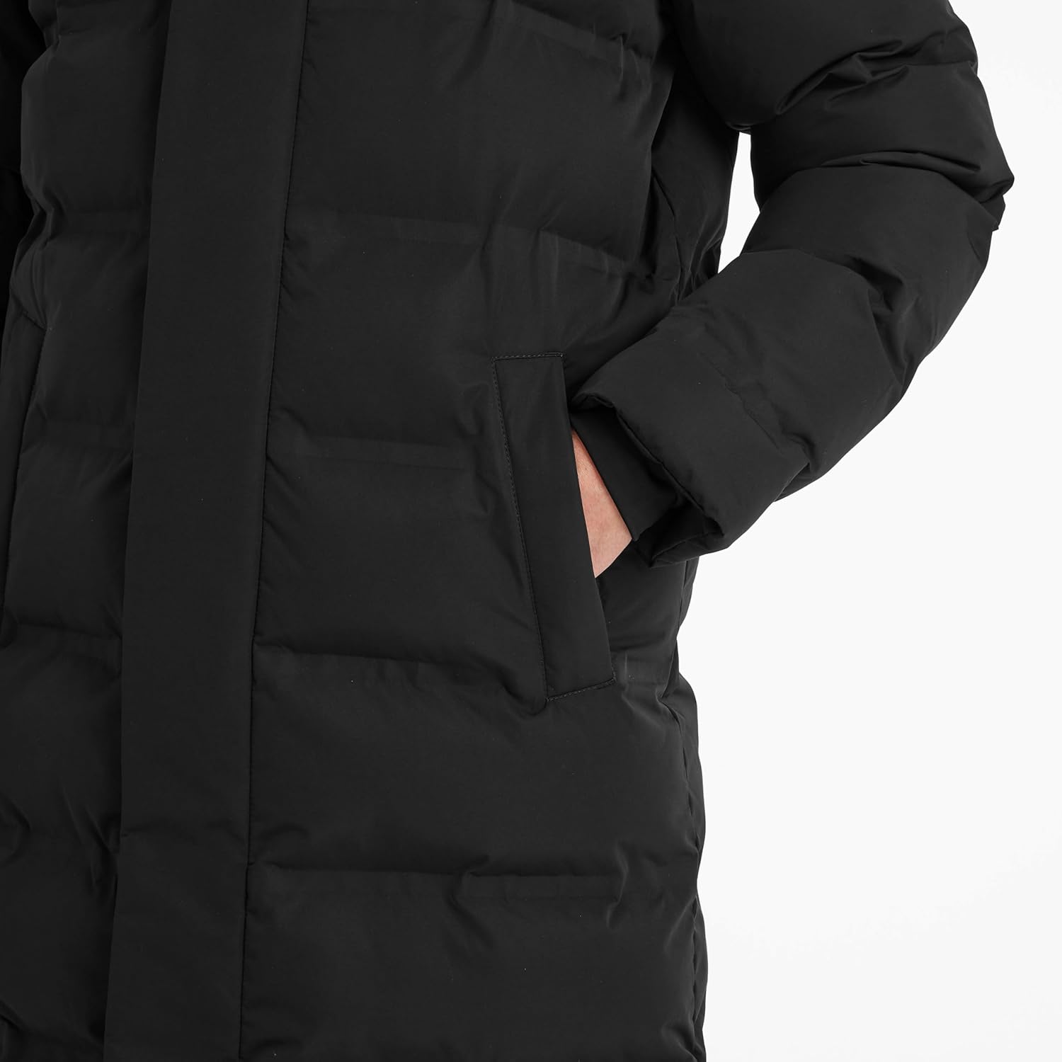 A long women’s insulated puffer coat with water-repellent (DWR) finish, heat-sealed baffled insulation and adjustable toggles at the hood and waist for a warm, weather-ready and flattering fit.