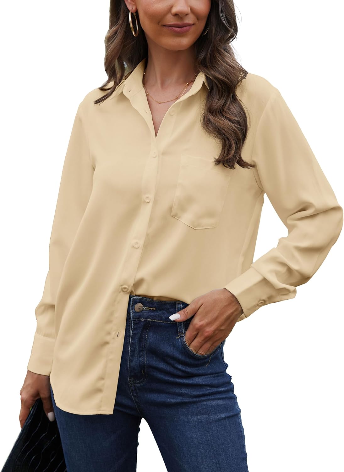 Womens Blouse Long Sleeve Chiffon V-Neck Button down Shirt Casual Work Shirts Office.