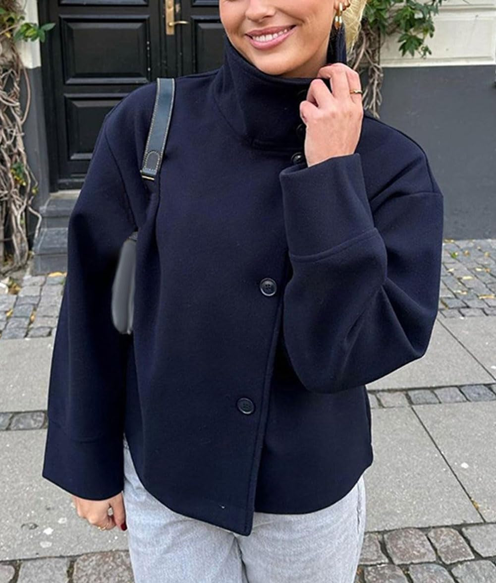 Women Crop Pea Coat Wool Blend Winter Loose Casual Short Jacket Outwear