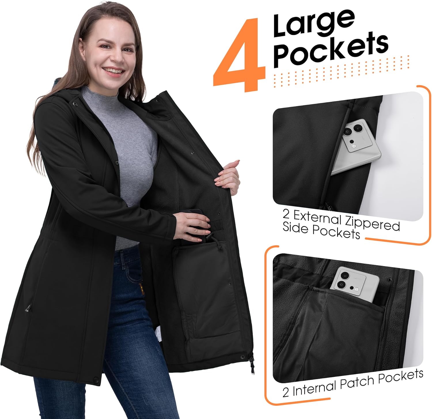 Women's Waterproof Softshell Jacket with Hood - Fleece-Lined Windbreaker for Outdoor Activities, Cycling, and Hiking