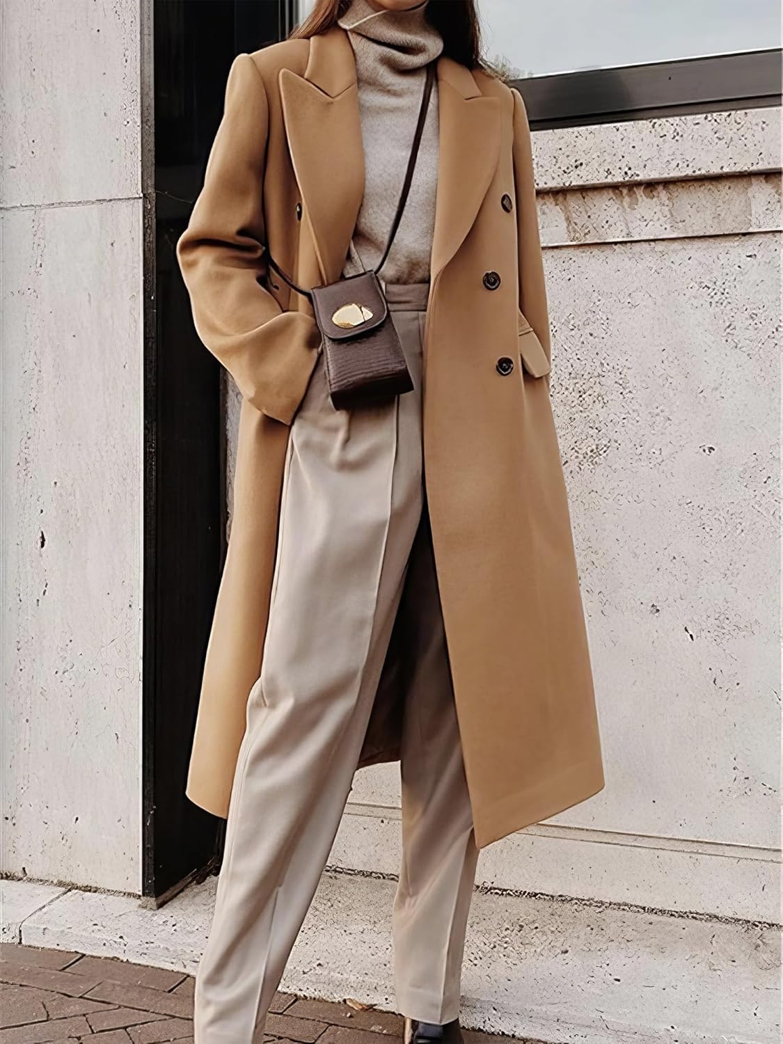 Womens Long Wool Coats Fall Winter Double Breasted Trench.