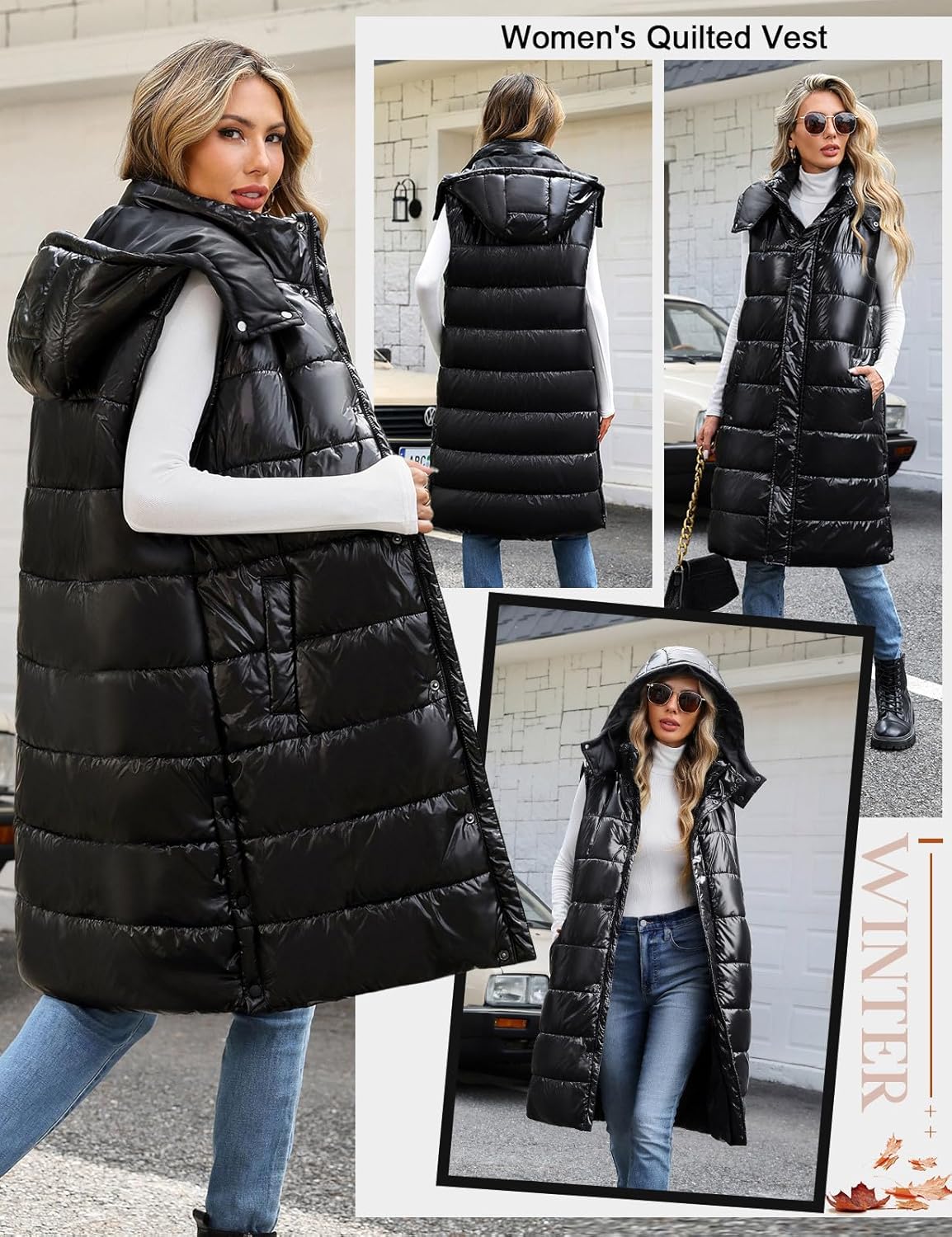 Women Quilted Gilets Longline Hooded Waistcoat Ladies Bodywarmer Winter Jacket with Pockets
