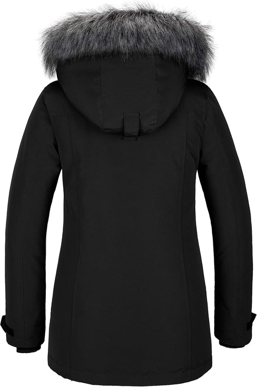 A women’s waterproof, windproof quilted puffer coat designed for cold winter weather.