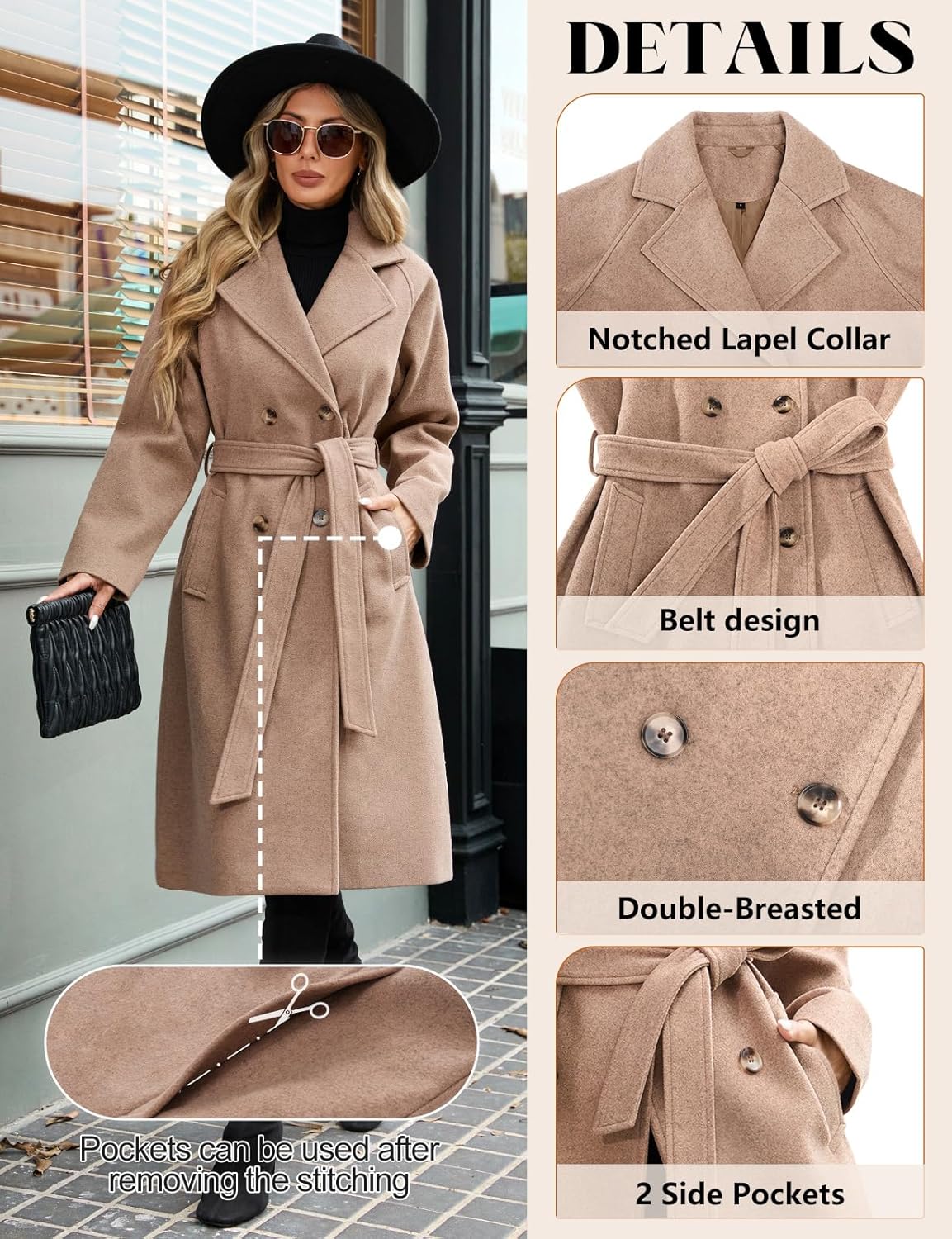 Women's Long Coats, Slim Fit Out coat with Pockets and Belt for Spring Autumn Winter.