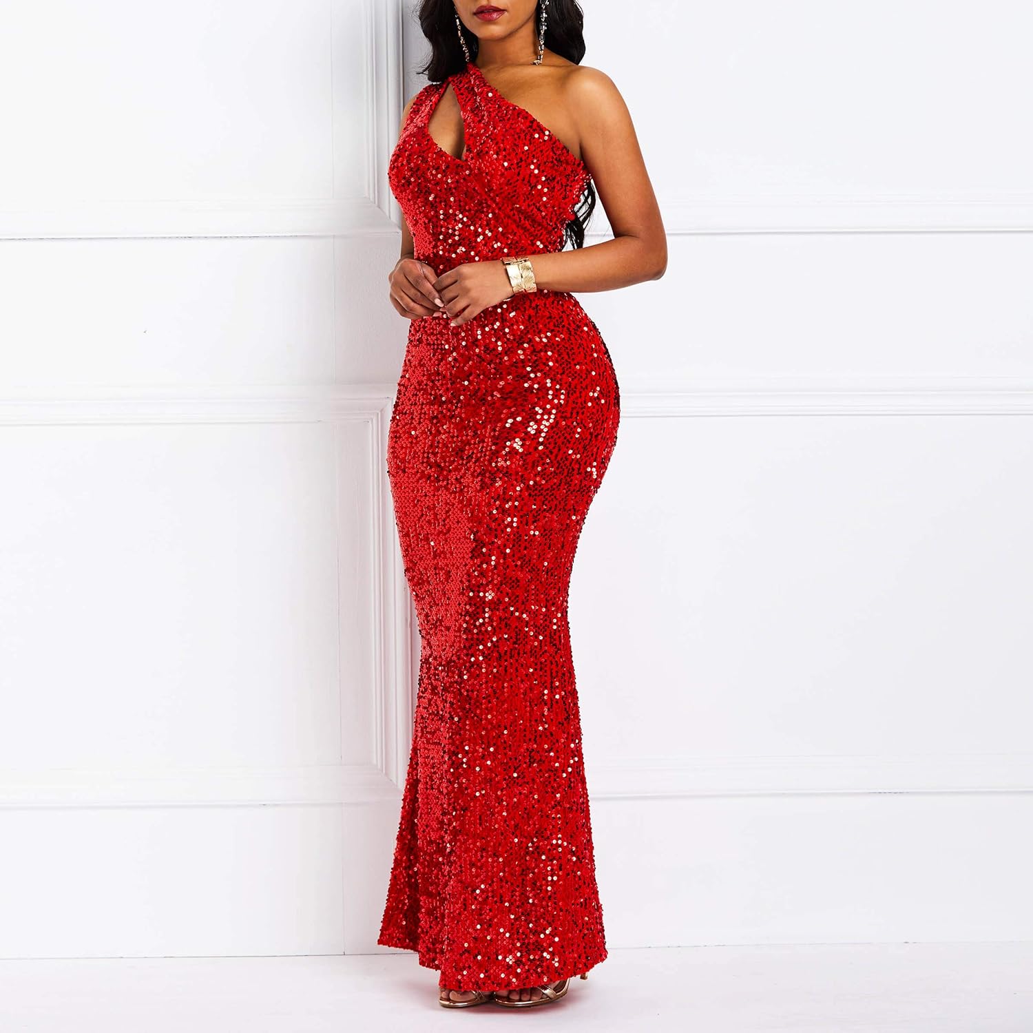 Sequins Fashion Sleeveless Oblique Collar Mermaid Women'S  Bodycon Dress ,Party Dress.
