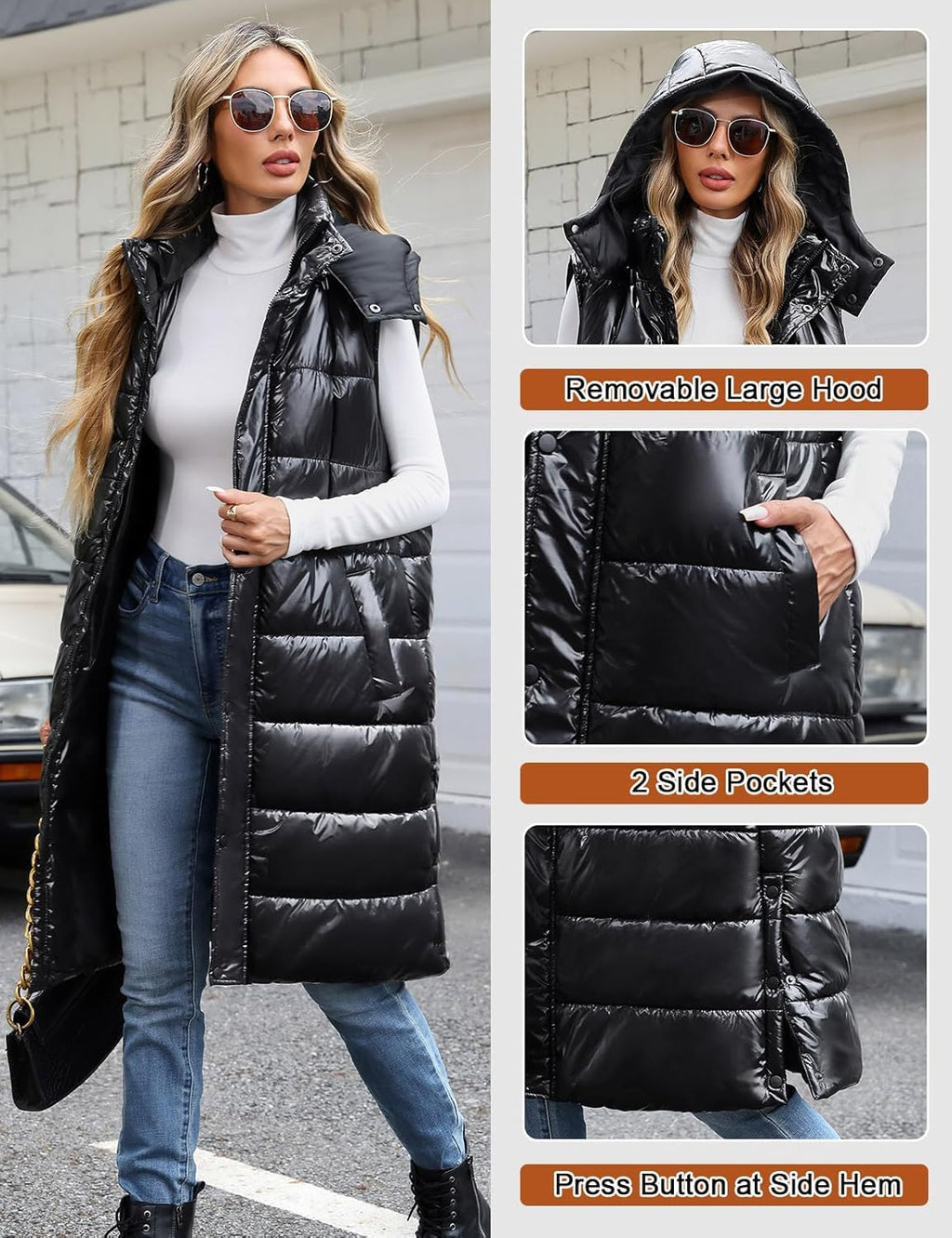 Women Quilted Gilets Longline Hooded Waistcoat Ladies Bodywarmer Winter Jacket with Pockets