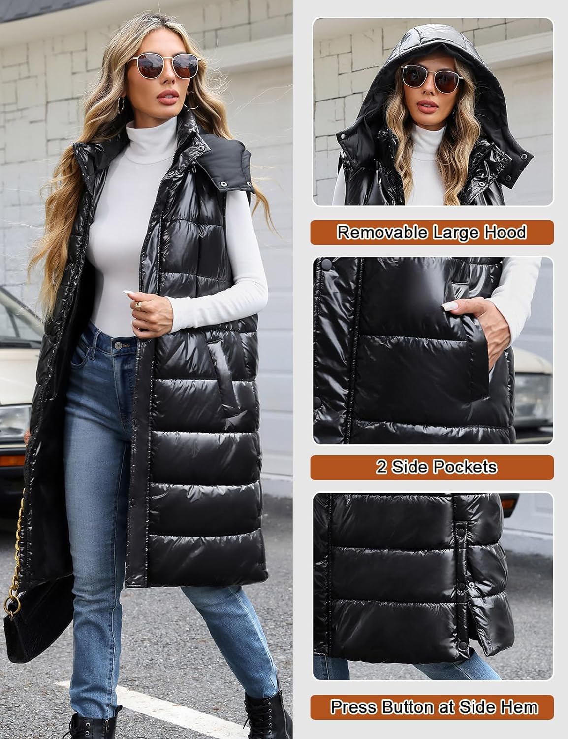 Women Quilted Gilets Longline Hooded Waistcoat Ladies Bodywarmer Winter Jacket with Pockets