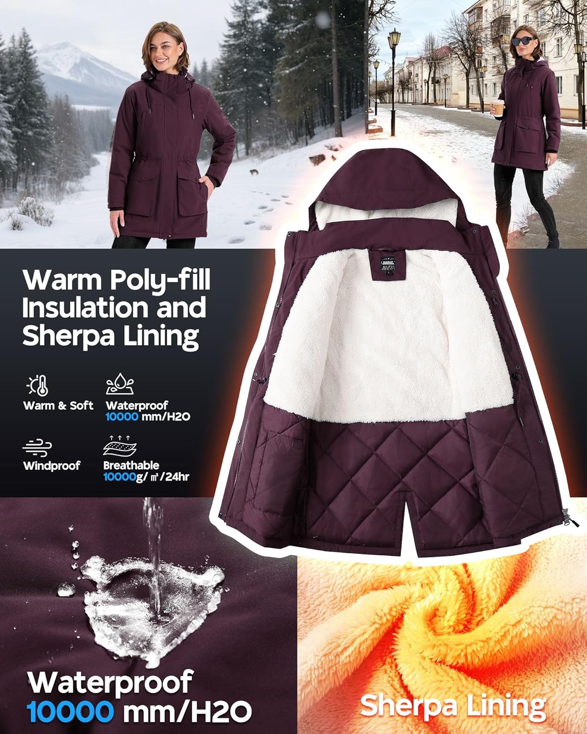 Outdoor Ventures Women’s Waterproof Parka – long hooded winter jacket with windproof, warm insulation, perfect for hiking, travel, and everyday outdoor wear.