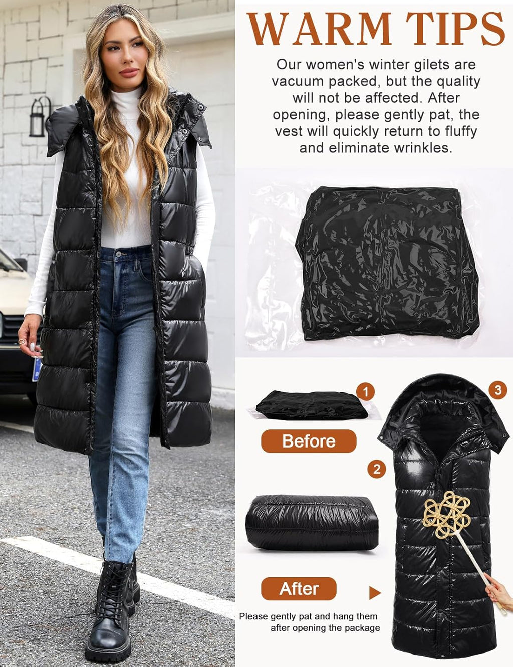 Women Quilted Gilets Longline Hooded Waistcoat Ladies Bodywarmer Winter Jacket with Pockets