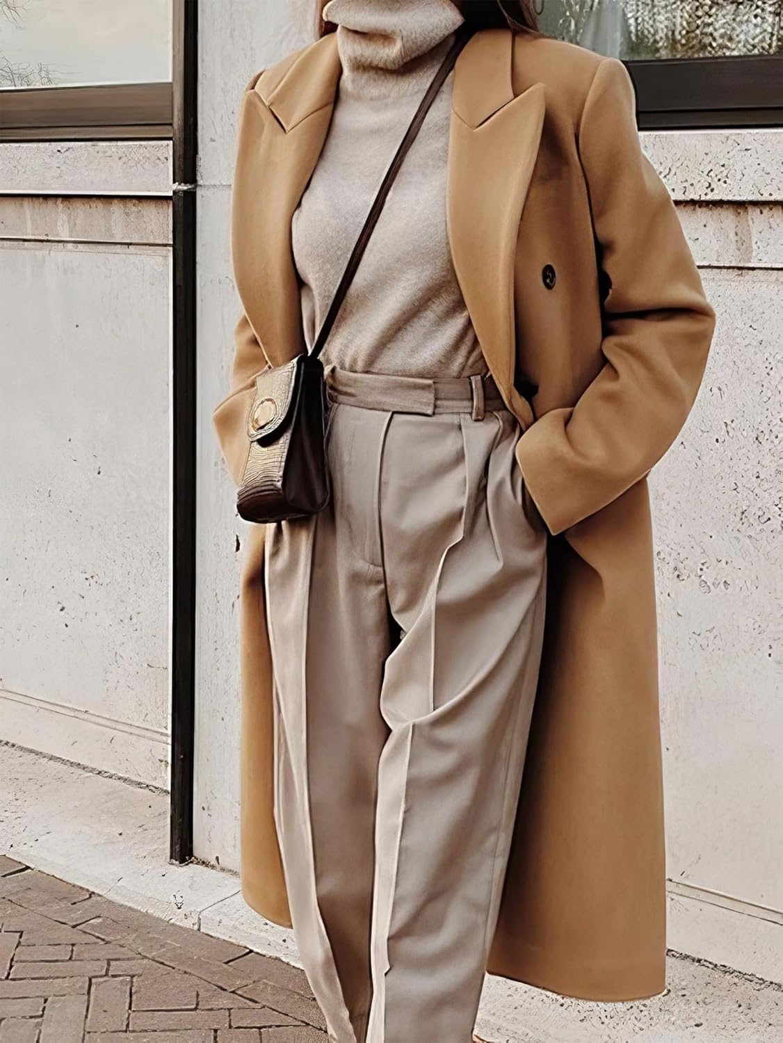 Womens Long Wool Coats Fall Winter Double Breasted Trench.