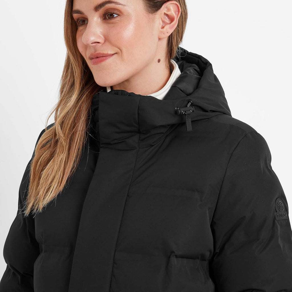 A long women’s insulated puffer coat with water-repellent (DWR) finish, heat-sealed baffled insulation and adjustable toggles at the hood and waist for a warm, weather-ready and flattering fit.