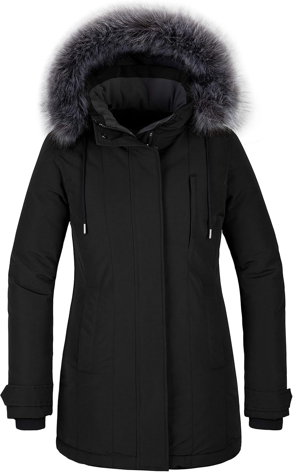 A women’s waterproof, windproof quilted puffer coat designed for cold winter weather.