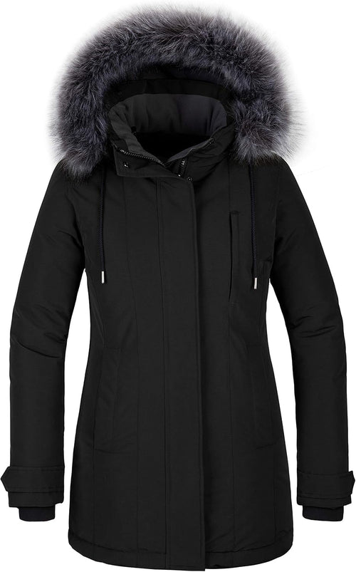 A women’s waterproof, windproof quilted puffer coat designed for cold winter weather.