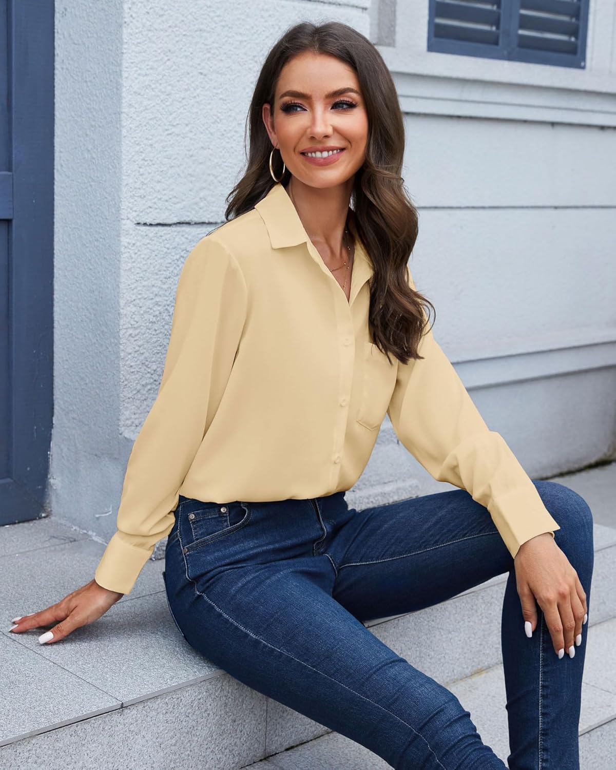 Womens Blouse Long Sleeve Chiffon V-Neck Button down Shirt Casual Work Shirts Office.