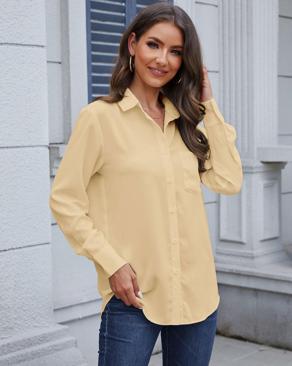 Womens Blouse Long Sleeve Chiffon V-Neck Button down Shirt Casual Work Shirts Office.