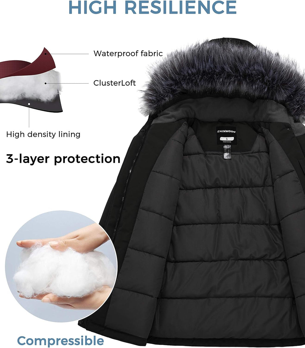 A women’s waterproof, windproof quilted puffer coat designed for cold winter weather.