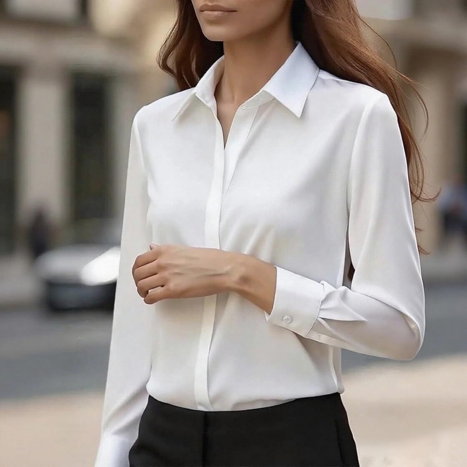 Satin Shirts for Women UK 2025 - Ladies Satin Silk Blouses Elegant Vintage Long Sleeve V Neck Shirts Button down Going Out Plain Casual Smart Business Work Office Tops