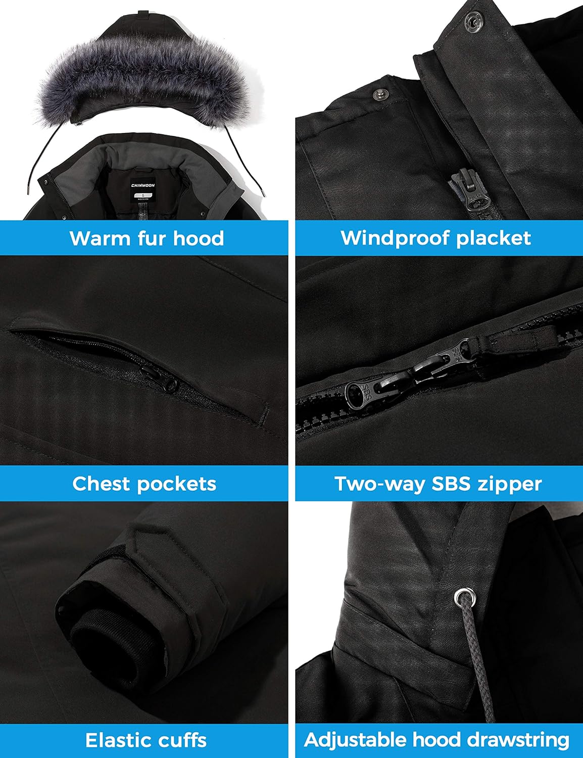 A women’s waterproof, windproof quilted puffer coat designed for cold winter weather.