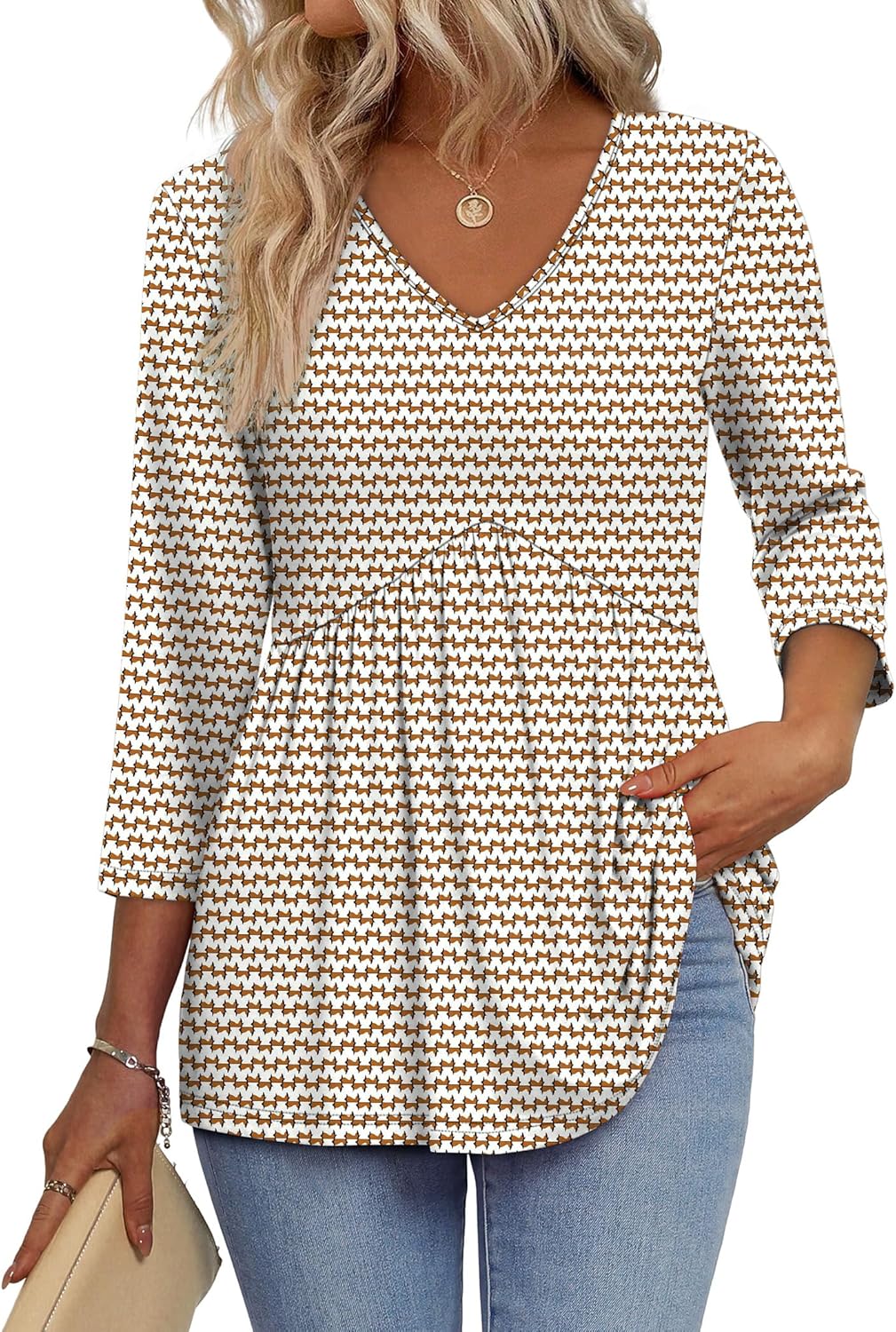 3/4 Length Sleeve Womens Tops 2025 Blouses for Women Dressy Casual Fashion Clothing V Neck Babydoll Tops Fall Outfits