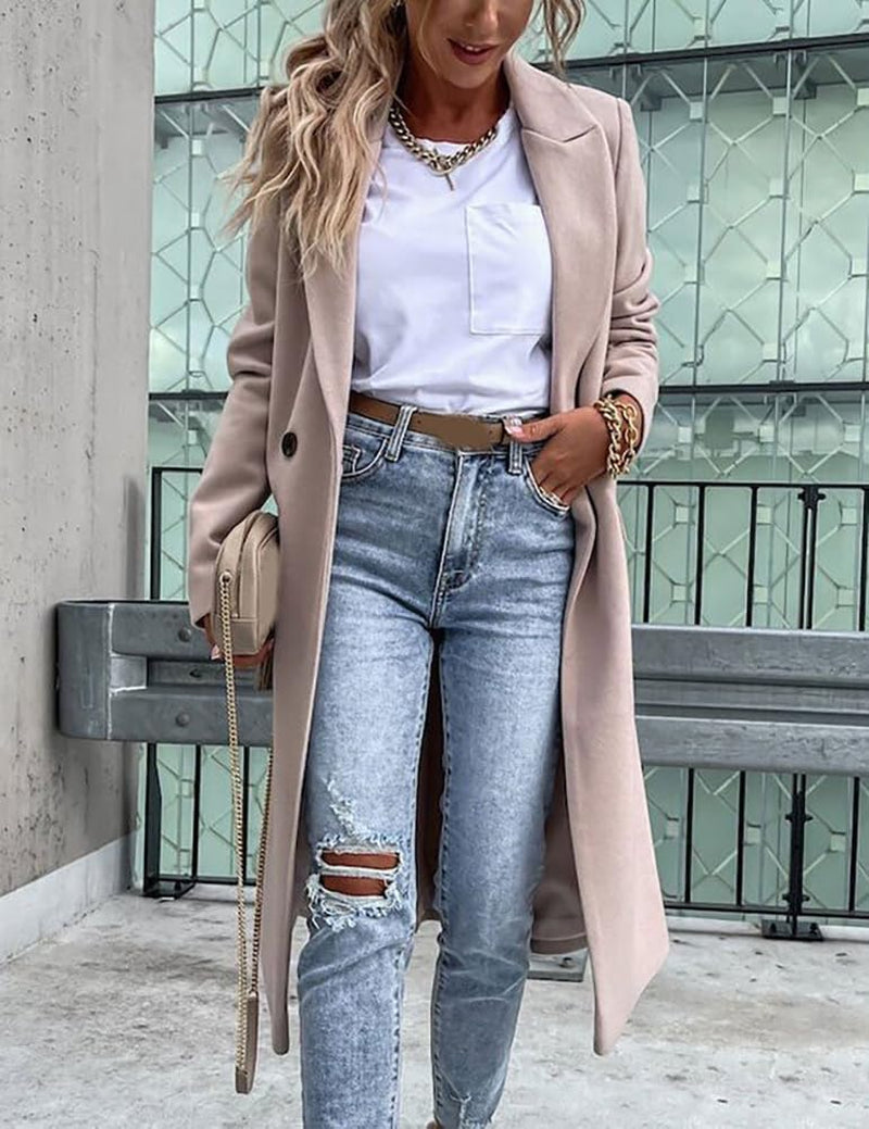 Womens Long Wool Coats Fall Winter Notch Lapel Dressy Peacoat Jackets