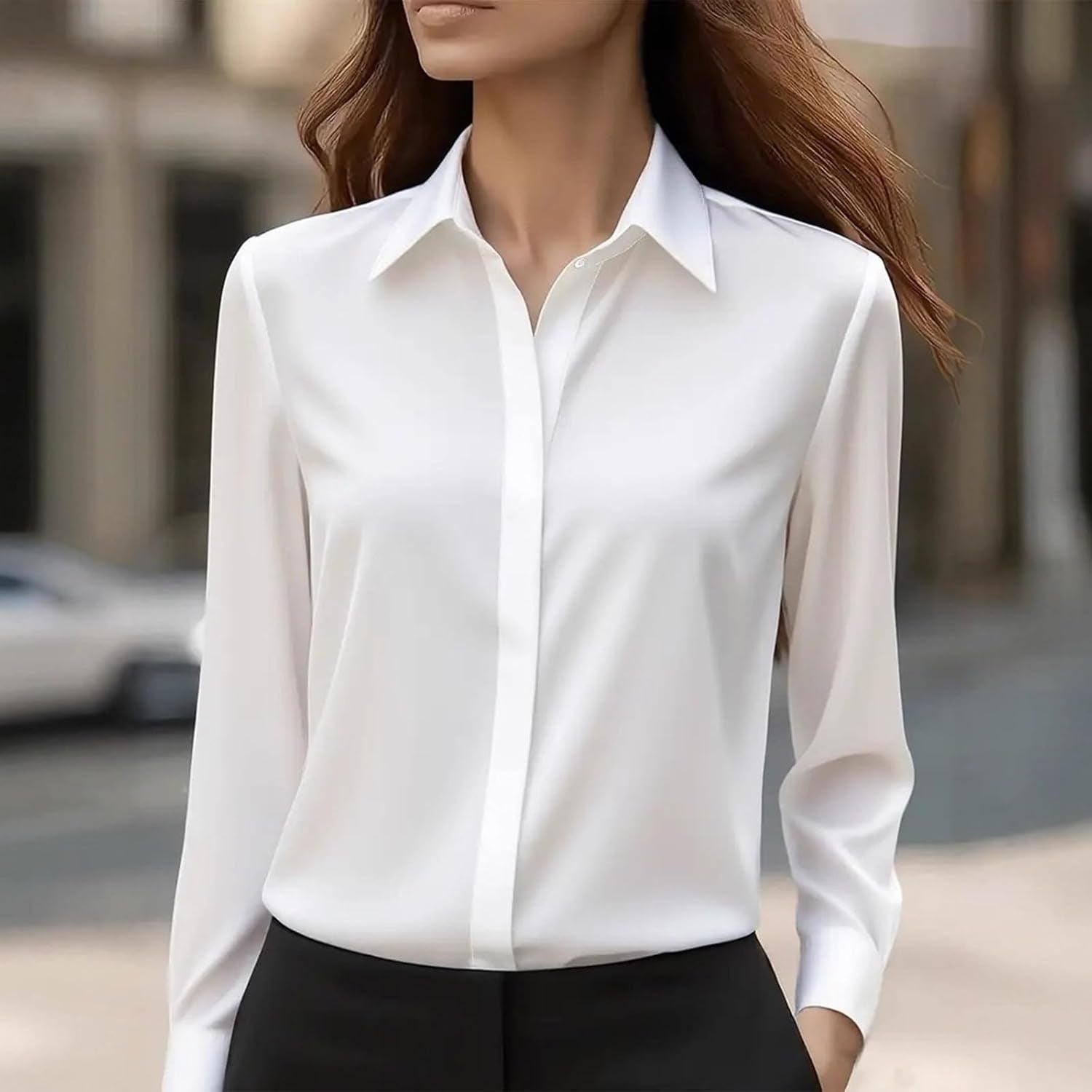Satin Shirts for Women UK 2025 - Ladies Satin Silk Blouses Elegant Vintage Long Sleeve V Neck Shirts Button down Going Out Plain Casual Smart Business Work Office Tops