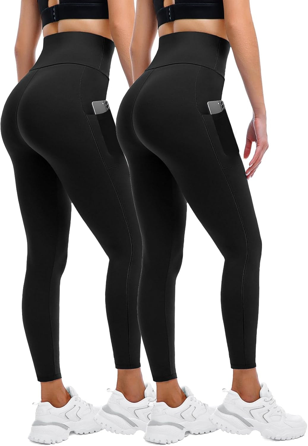 Leggings for Women UK with Pockets, 2 Pack Gym High Waisted Leggings for Workout Running Yoga.