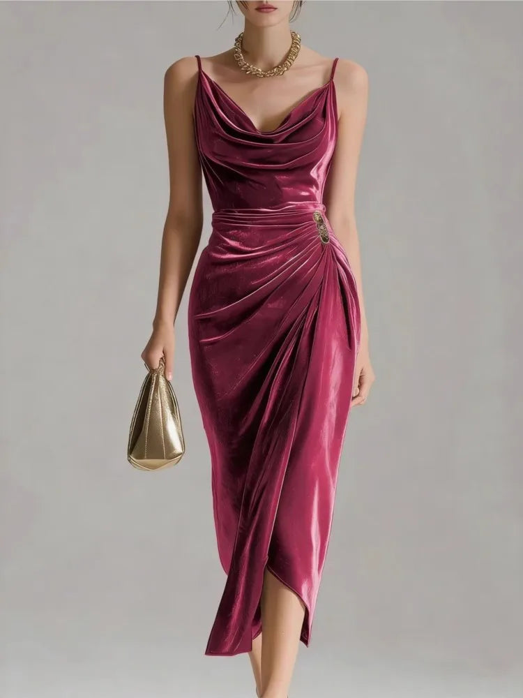 2026 New  Suspender Slim Pleated Long Women's Dresses Fashion Elegant Slit Gold Velvet Hip-Covering Evening Dress for Woman.