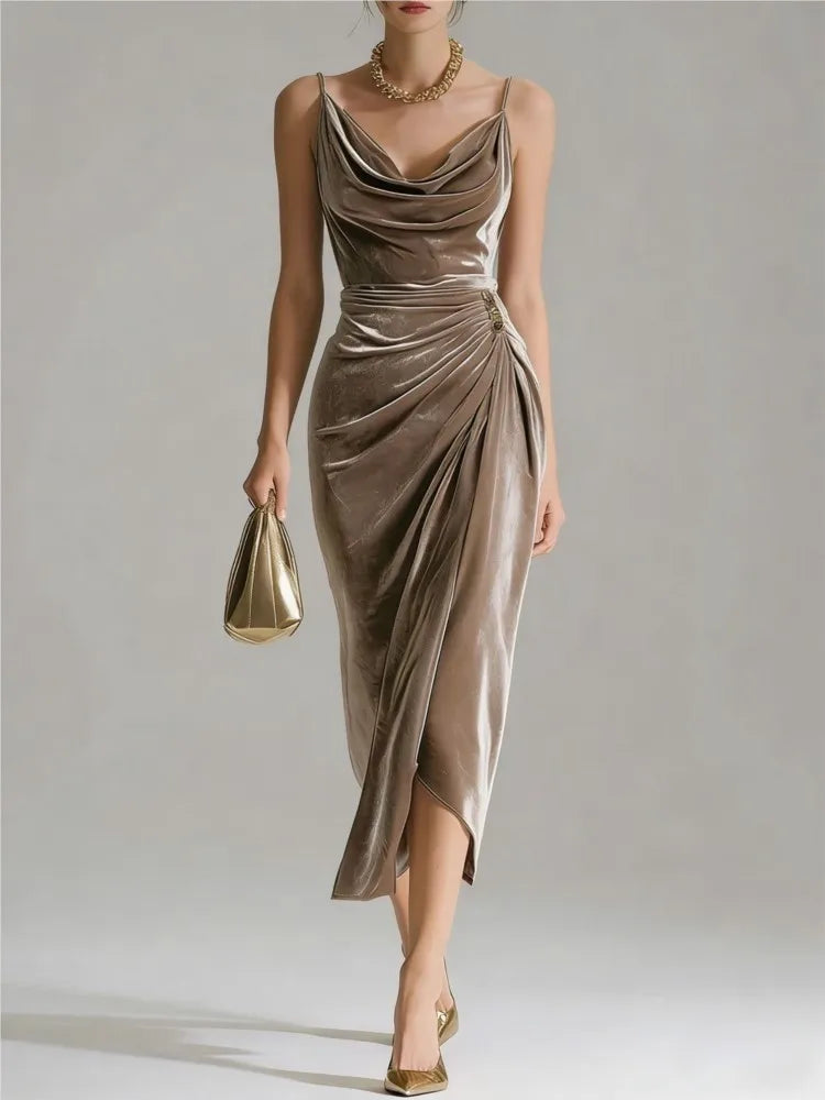 2026 New  Suspender Slim Pleated Long Women's Dresses Fashion Elegant Slit Gold Velvet Hip-Covering Evening Dress for Woman.