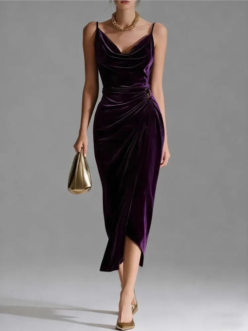 2026 New  Suspender Slim Pleated Long Women's Dresses Fashion Elegant Slit Gold Velvet Hip-Covering Evening Dress for Woman.