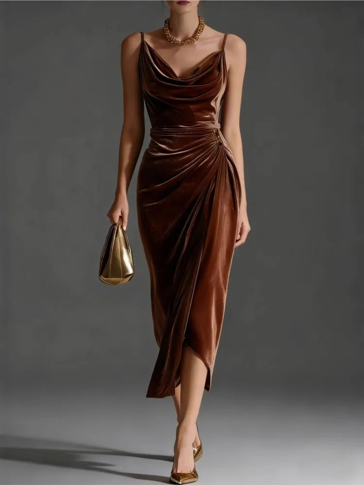 2026 New  Suspender Slim Pleated Long Women's Dresses Fashion Elegant Slit Gold Velvet Hip-Covering Evening Dress for Woman.