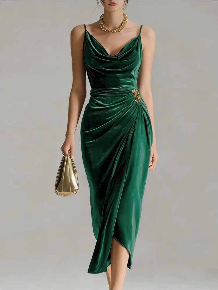 2026 New  Suspender Slim Pleated Long Women's Dresses Fashion Elegant Slit Gold Velvet Hip-Covering Evening Dress for Woman.