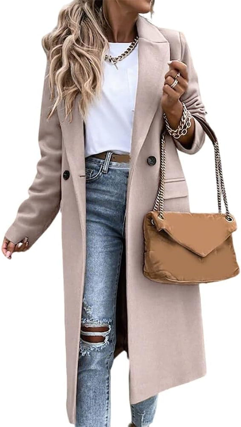 Womens Long Wool Coats Fall Winter Notch Lapel Dressy Peacoat Jackets