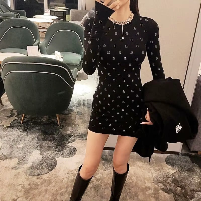 Wang'S Style Cotton Elasticity Slim Shining Diamond Black Mini Dress for Woman Long Club Evening Party Sleeved Dresses Clothes