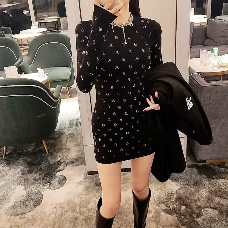 Wang'S Style Cotton Elasticity Slim Shining Diamond Black Mini Dress for Woman Long Club Evening Party Sleeved Dresses Clothes